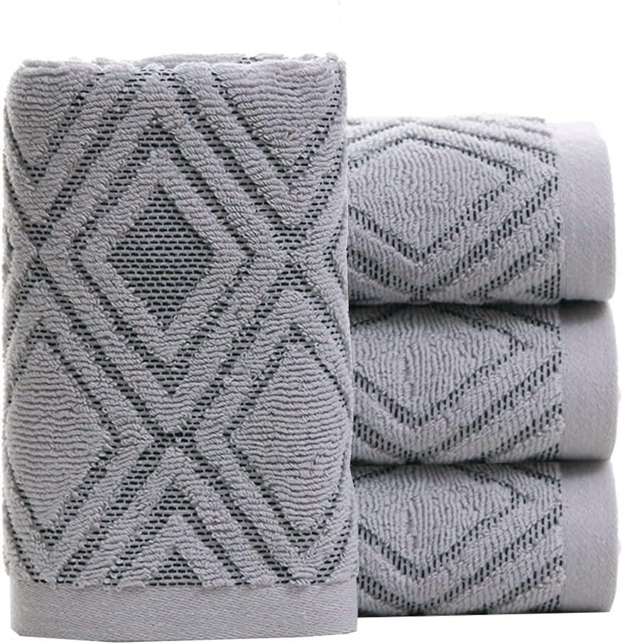 Pidada Hand Towels Set of 4 Diamond Pattern 100% Cotton Absorbent Soft Decorative Towel for Bathroom (Gray) (13.4 x 29.5)