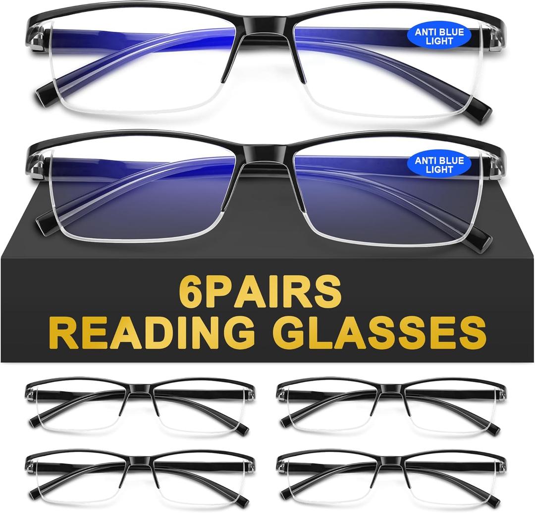 6Pack Reading Glasses Men, Spring Hinge Blue Light Blocking Readers, Lightweight TR90 Computer Magnifying Eyeglasses