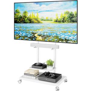 Steel Base Rolling TV Stand with Soundbar Mount for 50-90 inch TVs up to 154lbs, Swivel&Tilt Mobile TV Stand with Large Storage, Height Adjustable Heavy-Duty TV Cart, Max VESA 600x400mm, White