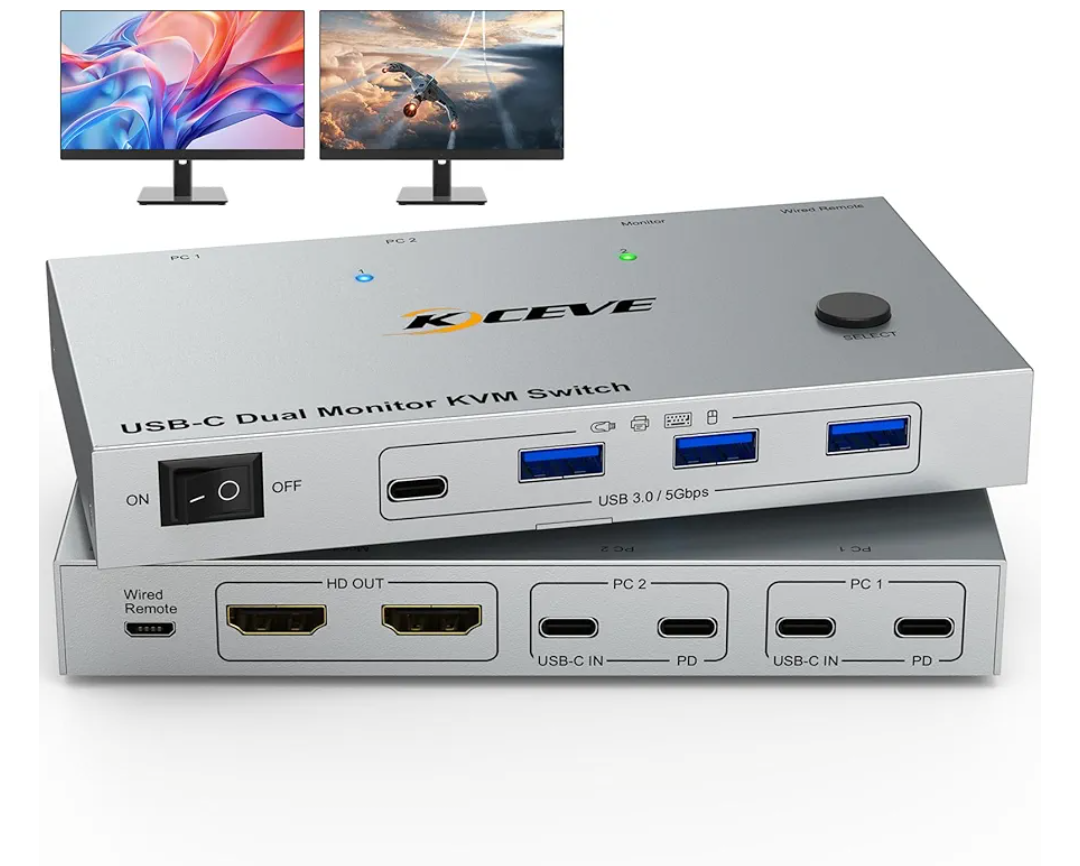 KVM Switch 2 Monitors 2 Laptops USB C,4K@60Hz USB C Dual Monitor KVM Switch for 2 Laptops Share 4 USB 3.0 Devices with 80W PD,Wired Remote and Cables Included