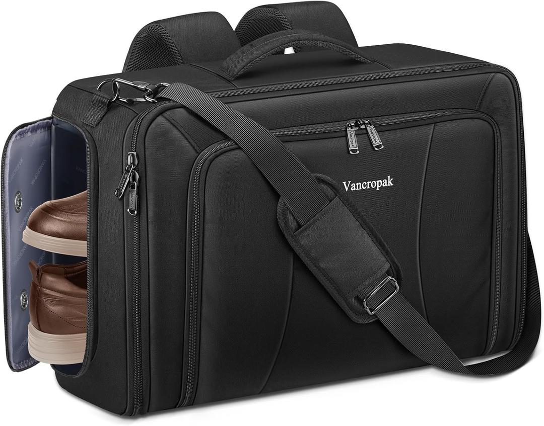 Vancropak Convertible Carry on Garment Bag with Backpack Straps, Airline Approved Travel Garment Duffel Bag with Shoe Compartment, Wrinkle Free Suit Carrier Business Suitcase For 15.6" Laptop, Black