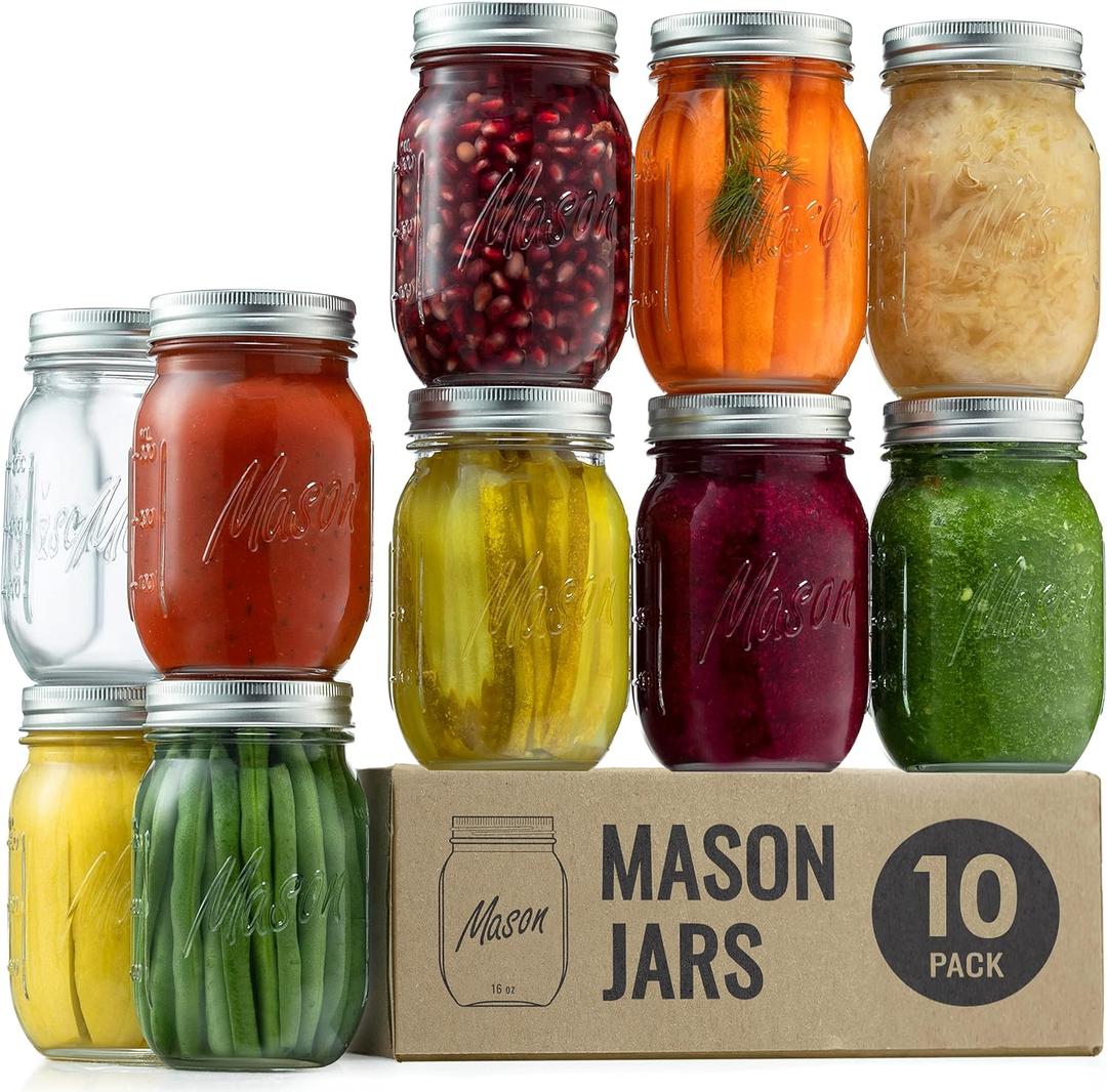 Paksh Novelty Mason Jars with Lids & Sealer - 5 Pack 16 Oz Regular Mouth Glass Canning Jars - Food Storage Container - Airtight Container for Pickling, Candles, Overnight Oats, Fruit Preserves