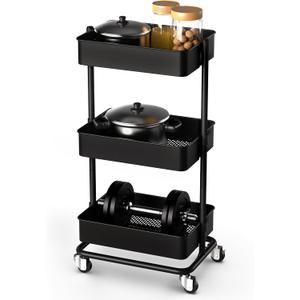 No Wobble Design  3-Tier Metal Rolling Cart with Wheels, Adjustable Height, and Tool-Free Assembly for Home, Kitchen, and Bathroom (17.7212.4035.04 inch, Black)