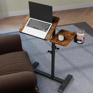 Rolling Table for Laptop Stand, Height and Angle Adjustable Over Bed Table with Wheels, Tilt-Top Laptop Desk for Couch with Cup Holder, Bed Table Tray for Eating (Rustic) (Rich)