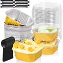 100 Pcs Mini Cake Pans with Lids, 5oz Square Aluminum Foil Brownie Baking Cups, Small Cake Tins with Lids, Disposable Ramekins, Mini Cake Containers For Wedding Birthday Party (Gold)