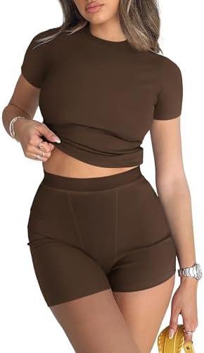 REORIA Womens Workout Sets 2 Piece Seamless Slim Fit Yoga Outfits Shorts and Cropped Top Gym Athletic Sets Brown Small