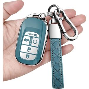 Sindeda for Honda Key fob Cover with Leather Keychain Soft TPU Full Cover Protection,for 2022 2023 2024 2025 Civic Accord HR-V Pilot CR-V,5-Buttons Key Fob Shell(Storm Blue)
