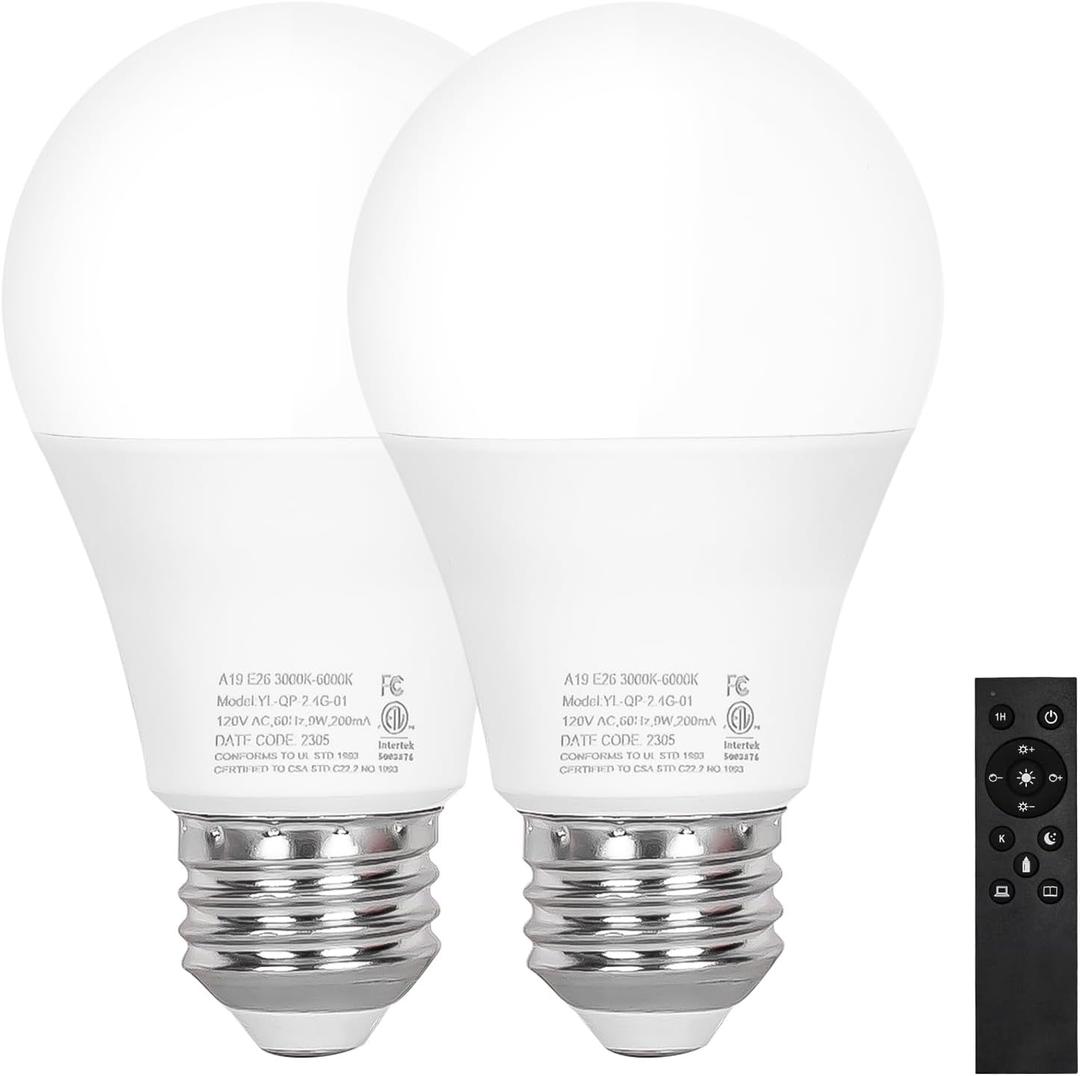 A19 LED Light 2 Bulbs with 1 Remote Control, 9W LED Bulbs, E26 Base, 805 LM, Dimmable Stepless 2700K-6000K, 25000 Hours Lifespan, LED Bulb for Floor Lamp, Pendant Lamp, Table Lamp