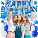 Silver Blue Birthday Party Decorations, Blue Happy Birthday Banner, Silver Fringe Curtain, Blue Silver Star Foil Balloons, Blue White Blue Confetti Balloons, for Boys Men Birthday Party Supplies