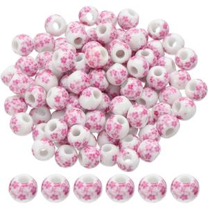 PATIKIL 100 Pink Porcelain Flower Beads, 8mm Round Ceramic Loose Beads for Jewelry Making