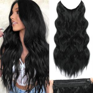 Halo Hair Extensions 20 Inch Invisible Wire Hair Extensions Adjustable Long Wavy Hairpiece Synthetic Upgrade 4 Secure Clips in Hairpieces 20 Inch,Jet Black