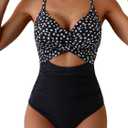 Eomenie Women's One Piece Swimsuits Tummy Control Cutout High Waisted Bathing Suit Wrap Tie Back 1 Piece Swimsuit (S, Black Polka Dots)