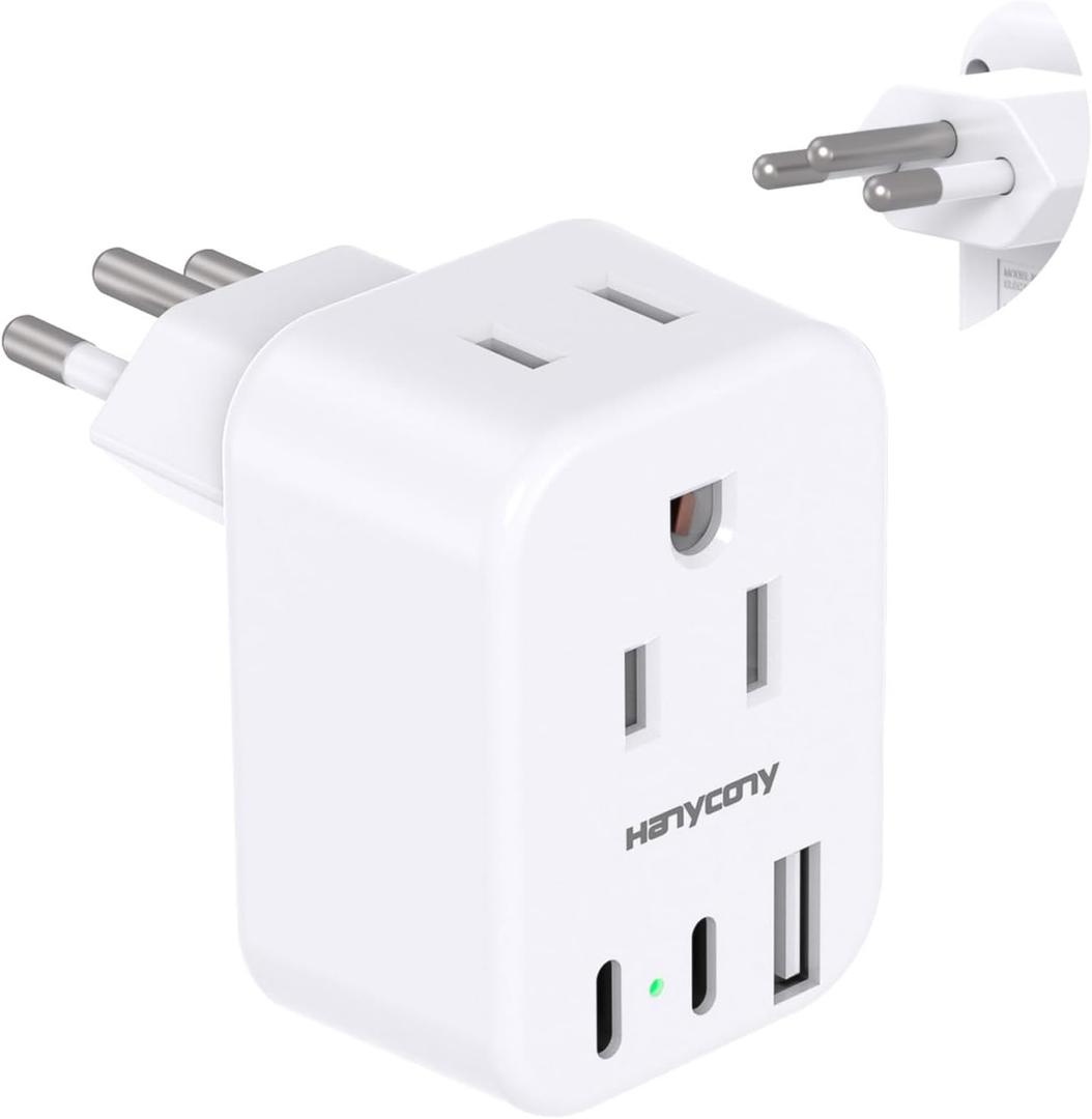 HANYCONY Brazil Power Adapter, Type N Plug Adapter with 2 Outlets 3 USB Ports (2 USB C), Travel Adapter for US to Brazil Brazilian Brasil