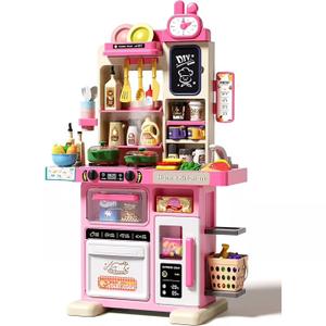 63 PCS Kids Kitchen Playset, Kid Play Kitchen with Realistic Lights & Sounds