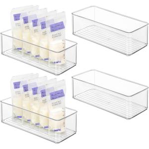 Hudgan 4 Pcs Storage Container Breastmilk for Fridge, Clear Organizer Bins for Milk Bags, Plastic Storage Bins for Freezer, Pantry, Bottles Bathroom, Vanity, Drawer and Yogurts
