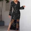 Caracilia Womens Fall Bodycon Bell Long Sleeve Midi Wedding Guest Dress (Black, XL)