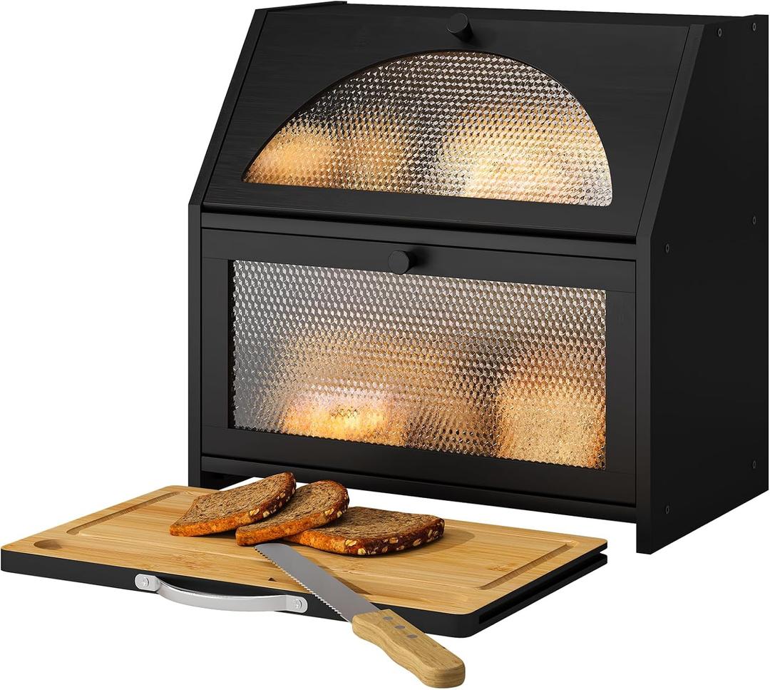 Bamboo Bread Box with Cutting Board, Double Layer Extra Large Bread Storage Bin with Door Panel for Kitchen Counter (Black)