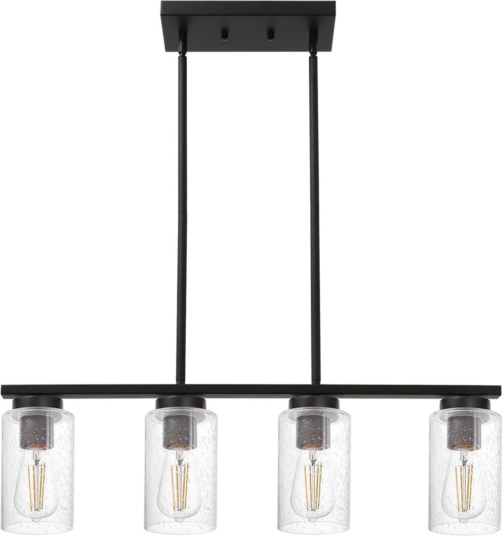 Black Kitchen Island Light with Seeded Glass Shade, 4-Lights Farmhouse Chandelier Ceiling Pendant Lighting Fixture for Dining Room