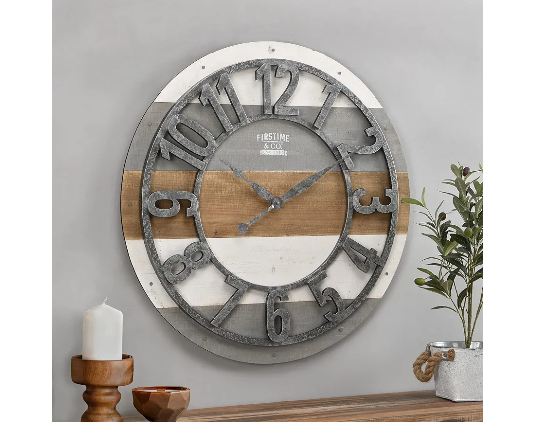FirsTime & Co. Multicolor Shabby Planks Wall Clock, Large Vintage Decor for Living Room, Home Office, Round, Wood, Farmhouse, 27 inches