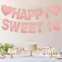 Happy Sweet 16 Banner for Party Decorations Sweet 16th Party Birthday Decorations for Girls Pre-Strung Rose Pink Glitter Sweet Banner