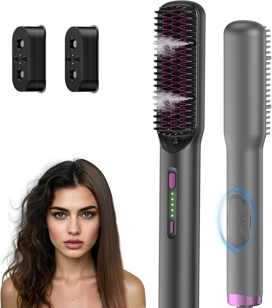 2 in 1 Steam Hair Straightener Brush, MSDS Approved 30s Fast Heat-up Electric Portable steam Straightener Brush Hot Comb with 2 Essential Oils, Reduce Frizz, Nourishes Hair, 20Min Auto Shut-Off