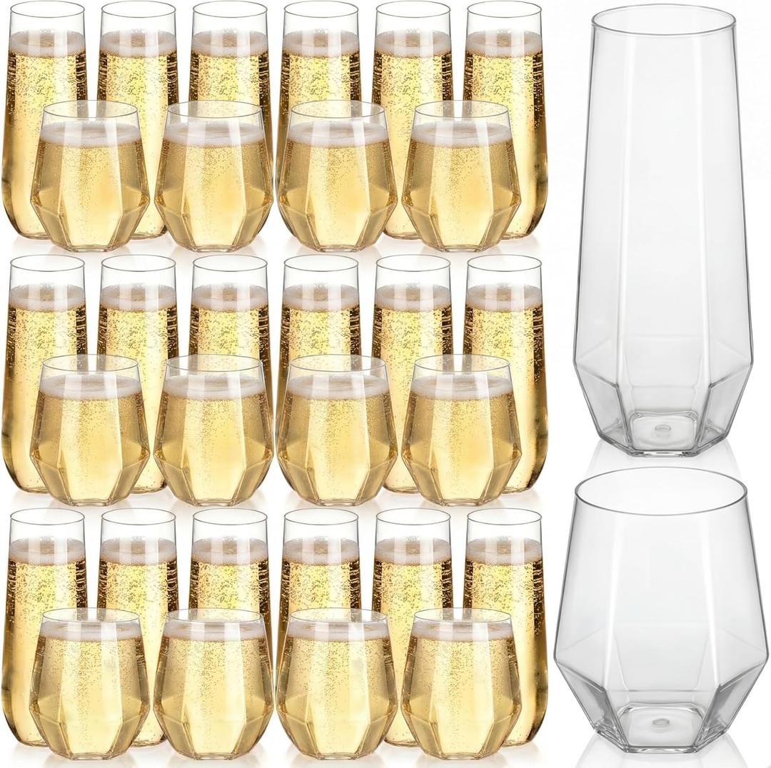 Remerry 48 Pack Stemless Plastic Wine Glasses 9 oz & 12 oz Disposable Champagne Flutes Cups Heavy Duty Shatterproof Toasting Cocktail Glasses for Weddings, Bars, Events(Clear Diamond)