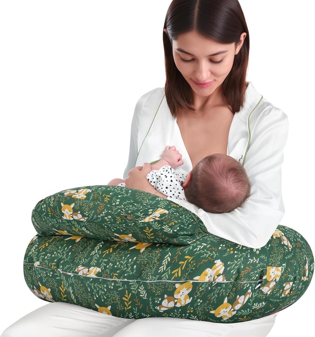 AMASKY Nursing Pillow for Breastfeeding, Animal Patterns Removable Cotton Cover, Support for Mom and Baby, Plus Size Ergonomic Design Breastfeeding Pillows, Machine Washable, Green, Pallet of Product
