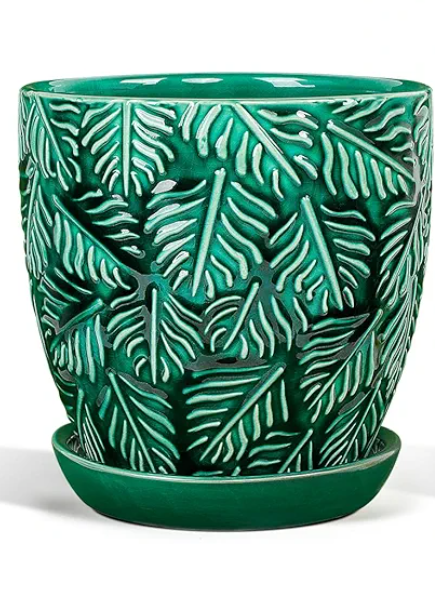 Ceramic Plant Pots, 6 Inch Indoor Plant pots with Drainage Hole and Saucer, Flower Pots, Leaf Embossed - Green Glaze,