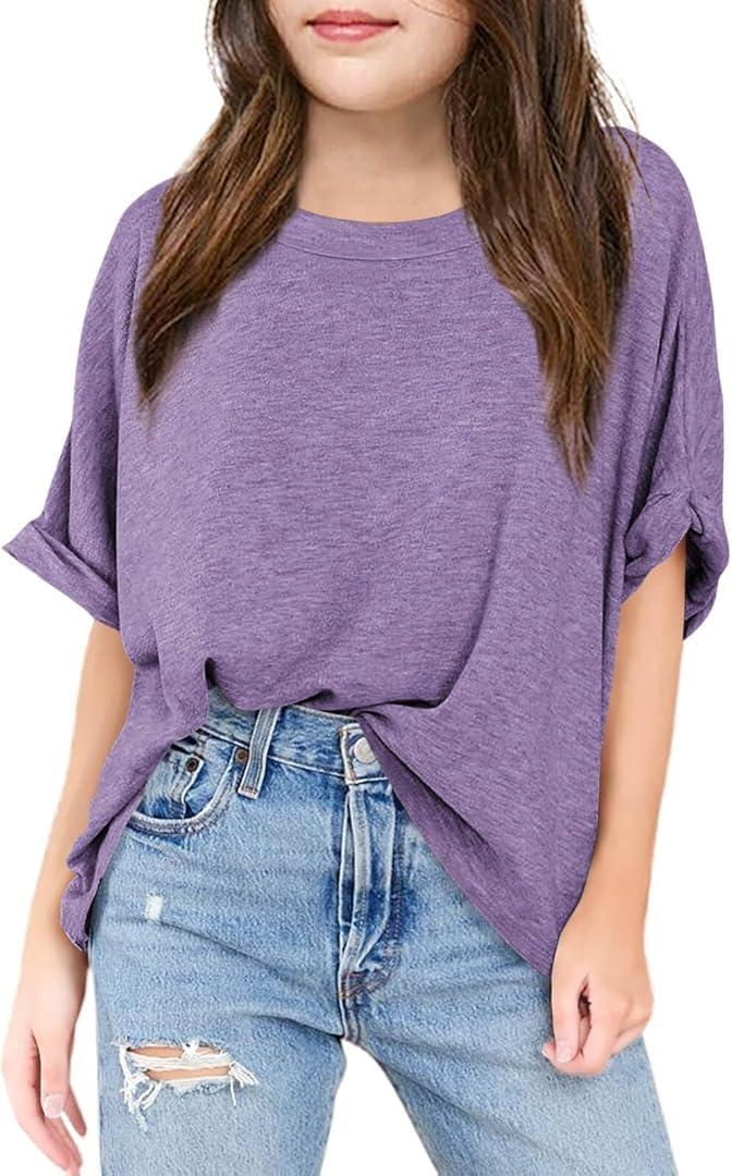 Girls Short Sleeve T Shirts Kids Fashion Oversized Drop Shoulder Tops Tshirts Casual Basic Tee (7-8 Years, Purple)