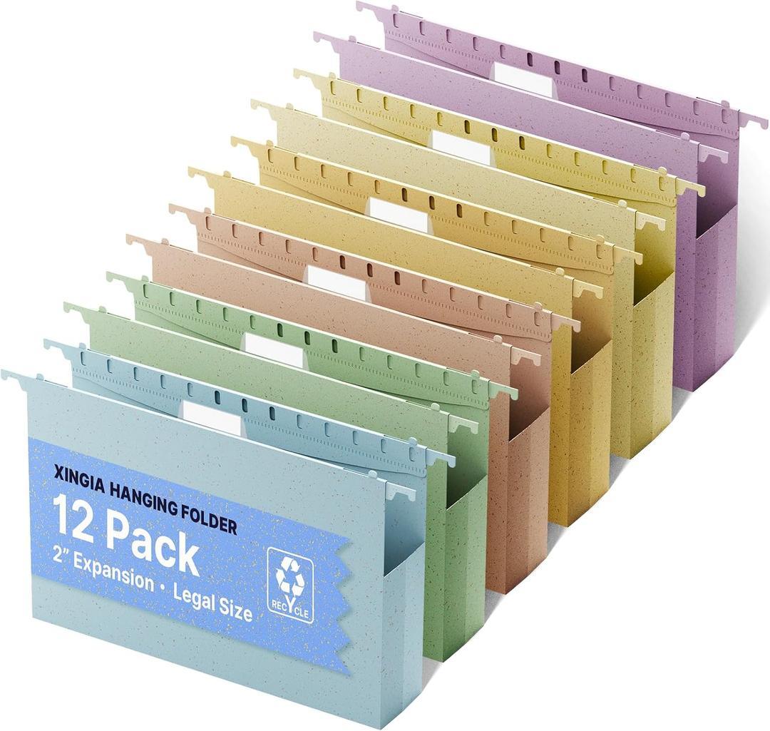 XINGIA Extra Capacity Legal Size Hanging File Folders,2'' Expansion File Folders Hanging with Tabs,12 Pack Wheat Straw File Cabinet Folders for School Office,Plastic Heavy Duty File Organizer