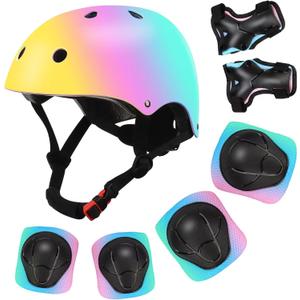 Color Gradient Adjustable Kids Bike Helmet with Knee & Elbow Pads Set | Multi-Sport Safety Gear for Boys & Girls | Skateboarding, Scooters, Roller & Inline Skating, Longboarding (Small (3-8years)