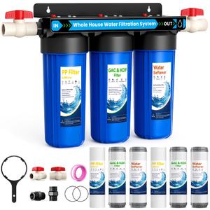 Whole House Water Filter System, Extra 2 Sets Filter Included,0.5 Micron | 3 Stage Water Softener System, Reduces Chlorine Sediment Odor for Healthier Skin, 1-2 Year Service Life, with 2 Valves