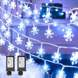 Brightown 2 Packs 100 LED Snowflake Christmas Lights, 8 Modes with Timer, Plug in Snowflake Fairy String Lights Waterproof Connectable for Indoor Outdoor Birthday Party Xmas Decor