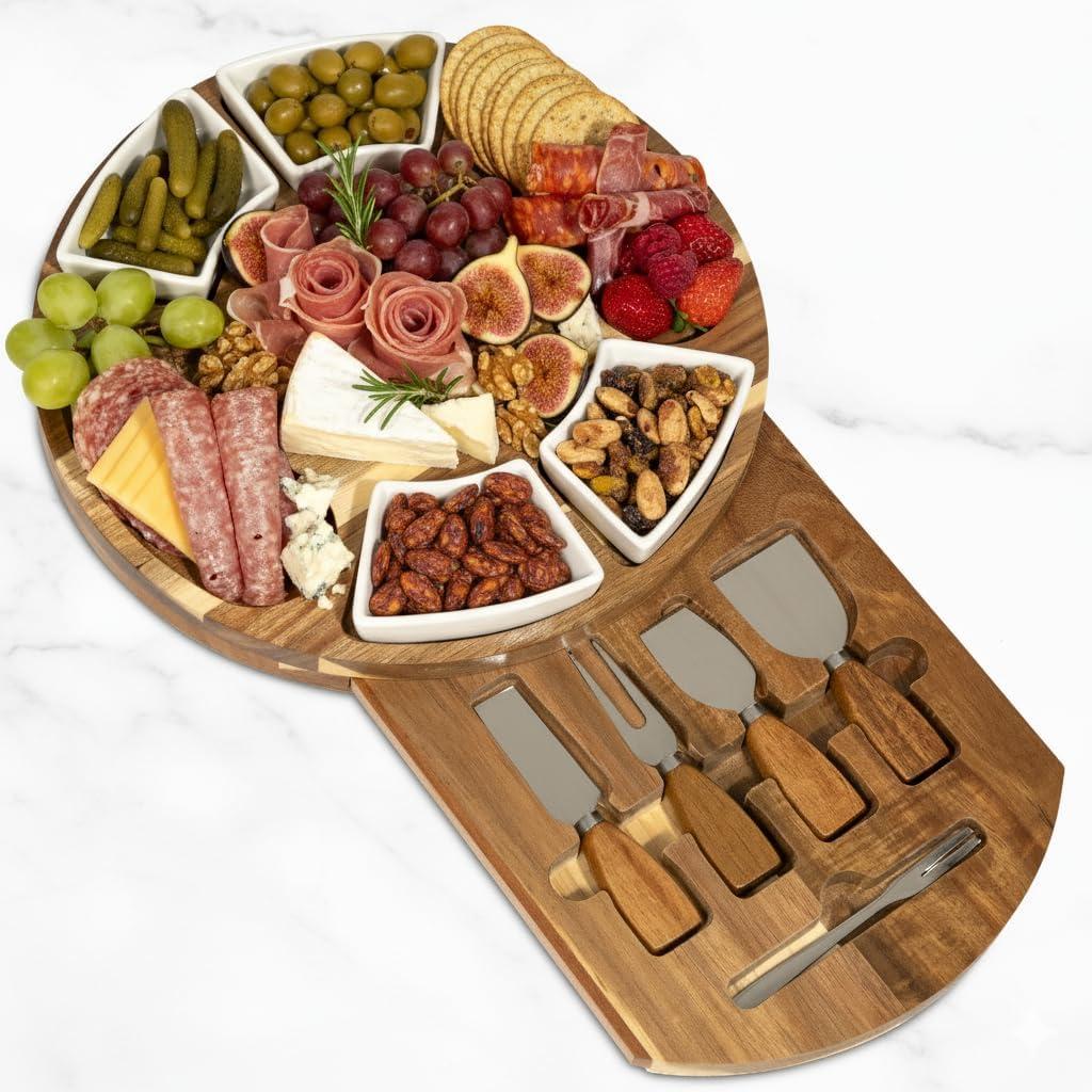 Acacia Cheese Board & Knife Set  Charcuterie Board with Ceramic Bowls, Slide-Out Drawer & Serving Utensils, Perfect for Entertaining  Ideal Gift for Weddings, Housewarming & Holidays (Plain / No Engraving)