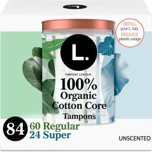L. Cotton Tampons Regular/Super Absorbency Multipack, Free from Chlorine Bleaching, Pesticides, Fragrances, or Dyes, 42 Count x 2 Packs (84 Count Total)