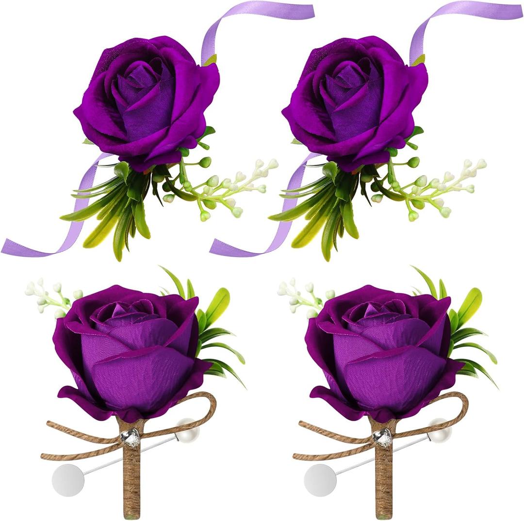 Aoriher 4 Pcs Wedding Party Corsage and Boutonniere Set, 2 Rose Wrist Corsage Wristlet Band for Prom Bridesmaid Bride Decor and 2 Groom Men Boutonniere(Purple)
