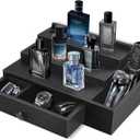 Cologne Stand Organizer for Men, 3 Tier Cologne Display Shelf with Velvet Lining Drawer and Compartments for Watch, Jewelry, Perfume Display Risers for Cologne, Great Gift for Father