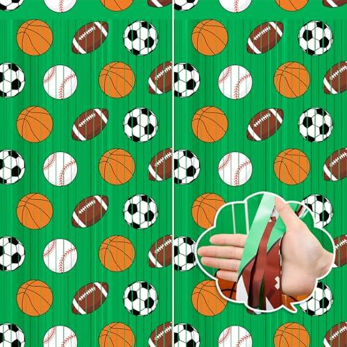 Frienda 2 Pack Green Sport Theme Party Decoration 3.3x6.6 ft Foil Fringe Curtain Basketball Football Soccer Baseball Background Birthday Decor Tinsel Streamers Photo Props for Athlete Party Supplies