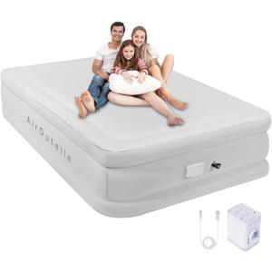 Air Mattress Queen with Built in Pump, 2500mAh Rechargeable Electric Pump, Camping Air Mattress Queen, Fiber-tech Portable Blow Up Mattress for Camping, Indoor and Outdoor (18" Height, Light Gray) (18" Queen, White)