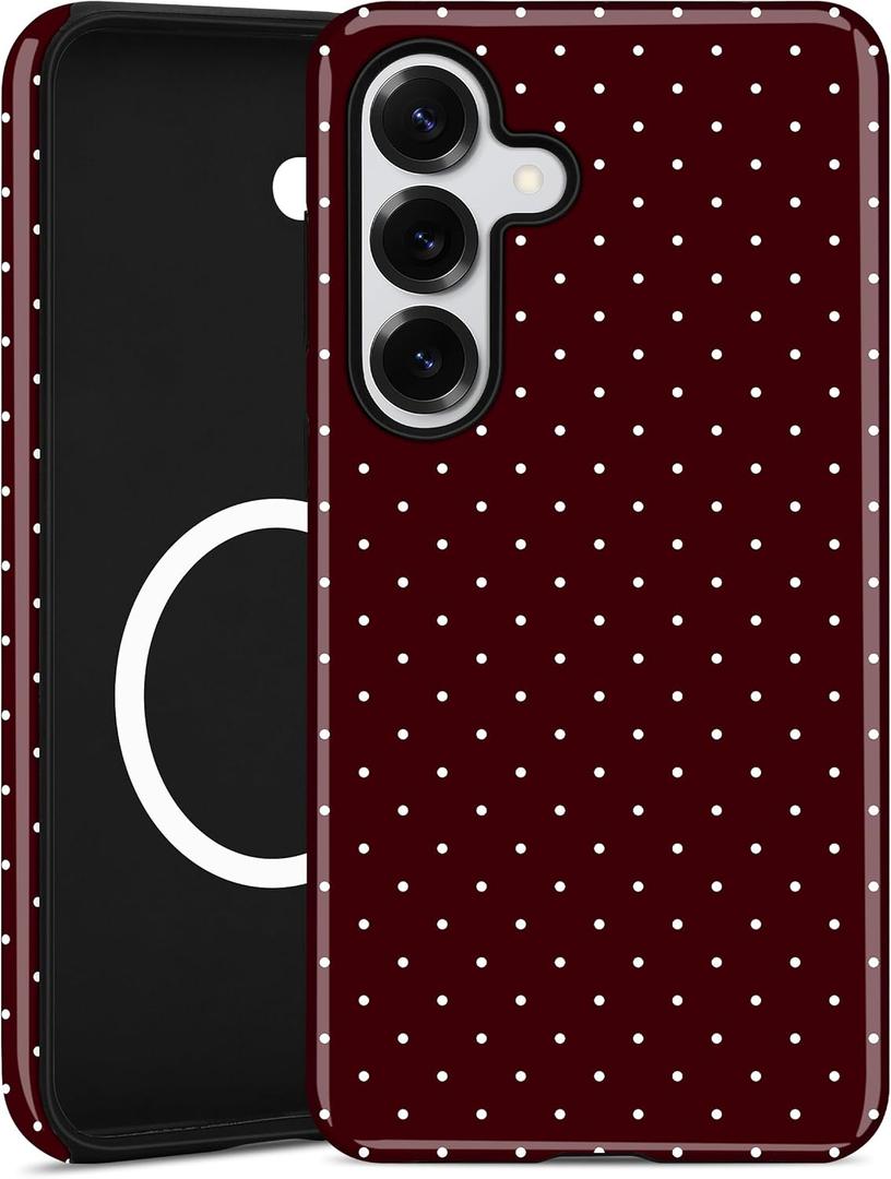 Magnetic Polka Dot Phone Case for Samsung Galaxy S25, Compatible with MagSafe, Cute Burgundy Red Polka Dot Aesthetic Soft TPU and Hard PC Shockproof Protective Phone Cover for Women Girls