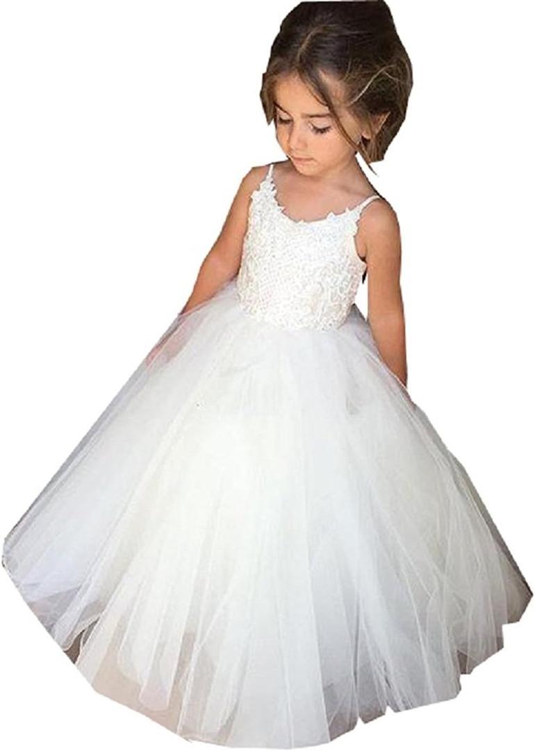 PLwedding Flower Girls Lace Tulle Ball Gowns First Communion Dresses (1T/ 12M, A-White)