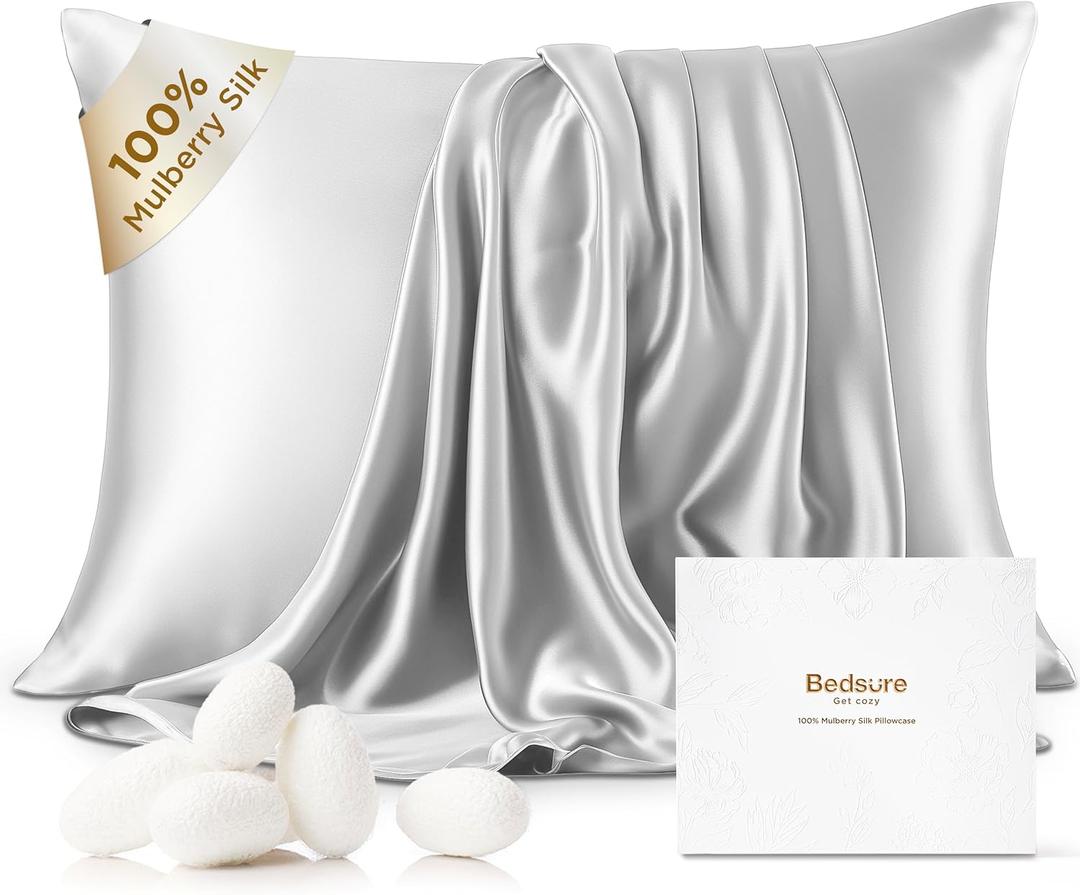 Bedsure 100% Mulberry Silk Pillowcase for Hair and Skin,Light Grey Silk Pillow Case with Hidden Zipper, Gifts for Women Men, King Size Single Pack,20x36 Inches