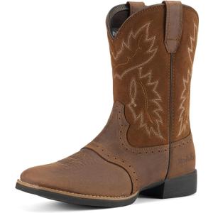 Rollda Leather Cowboy Boots for Men Western Boots Square Toe Chunky Heel Mid-Calf Boots Classic Embroidered with Pull On Tabs (13, Dark Brown)