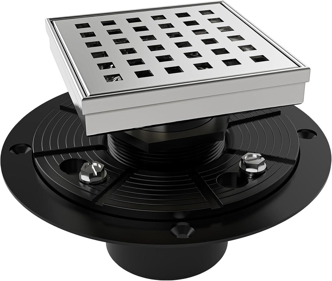 4 Inch Square Shower Drain Brushed Floor Drain with Flange Square Holes Pattern Cover Grate Removable SUS304 Stainless Steel Watermark&CUPC Certified Brushed
