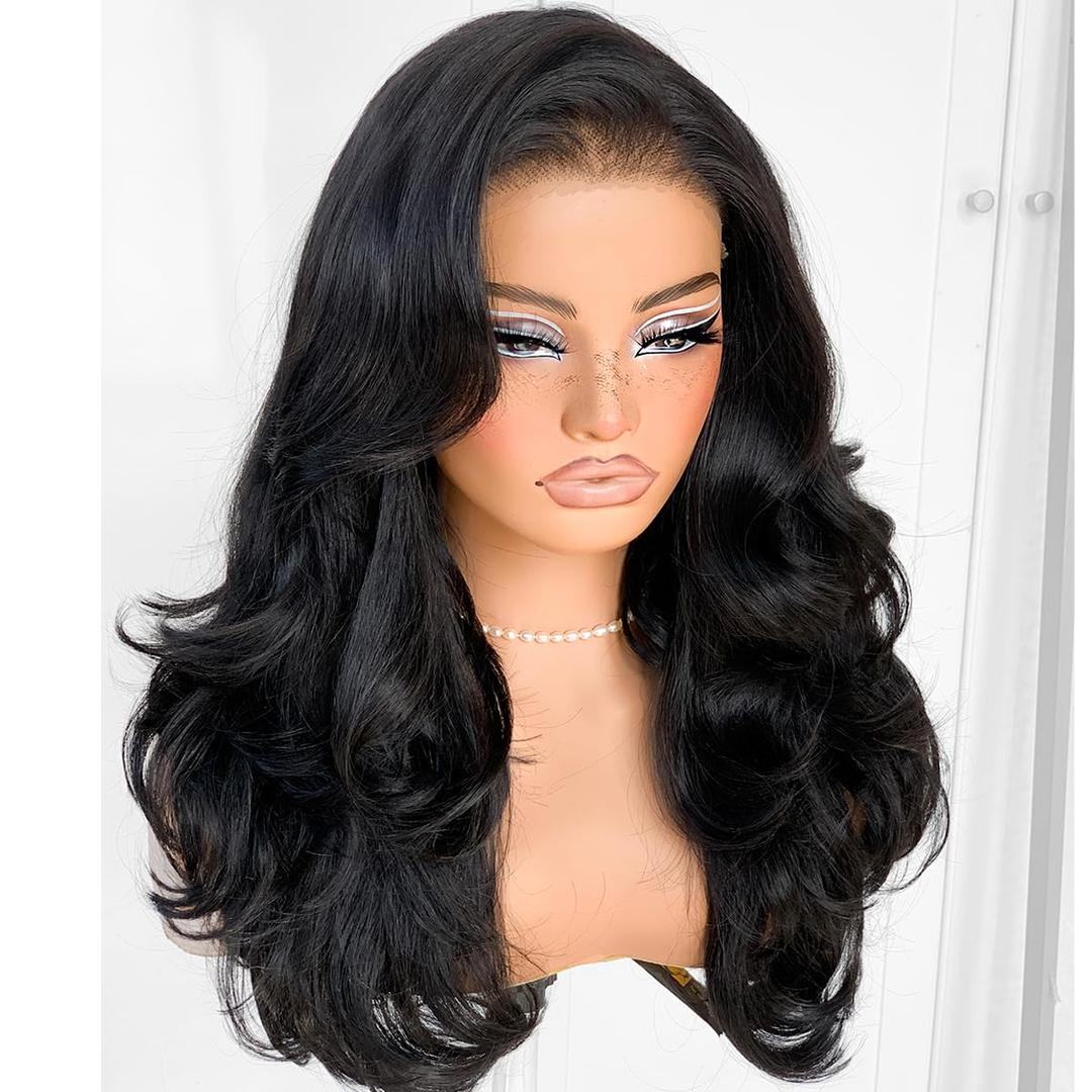 Voluminous Feather Layered Hair Flip Out Preplucked Precision-Precut-cut Ready-to-Go Glueless 13x6 HD Synthetic Lace Front Wig Natural Black Wig