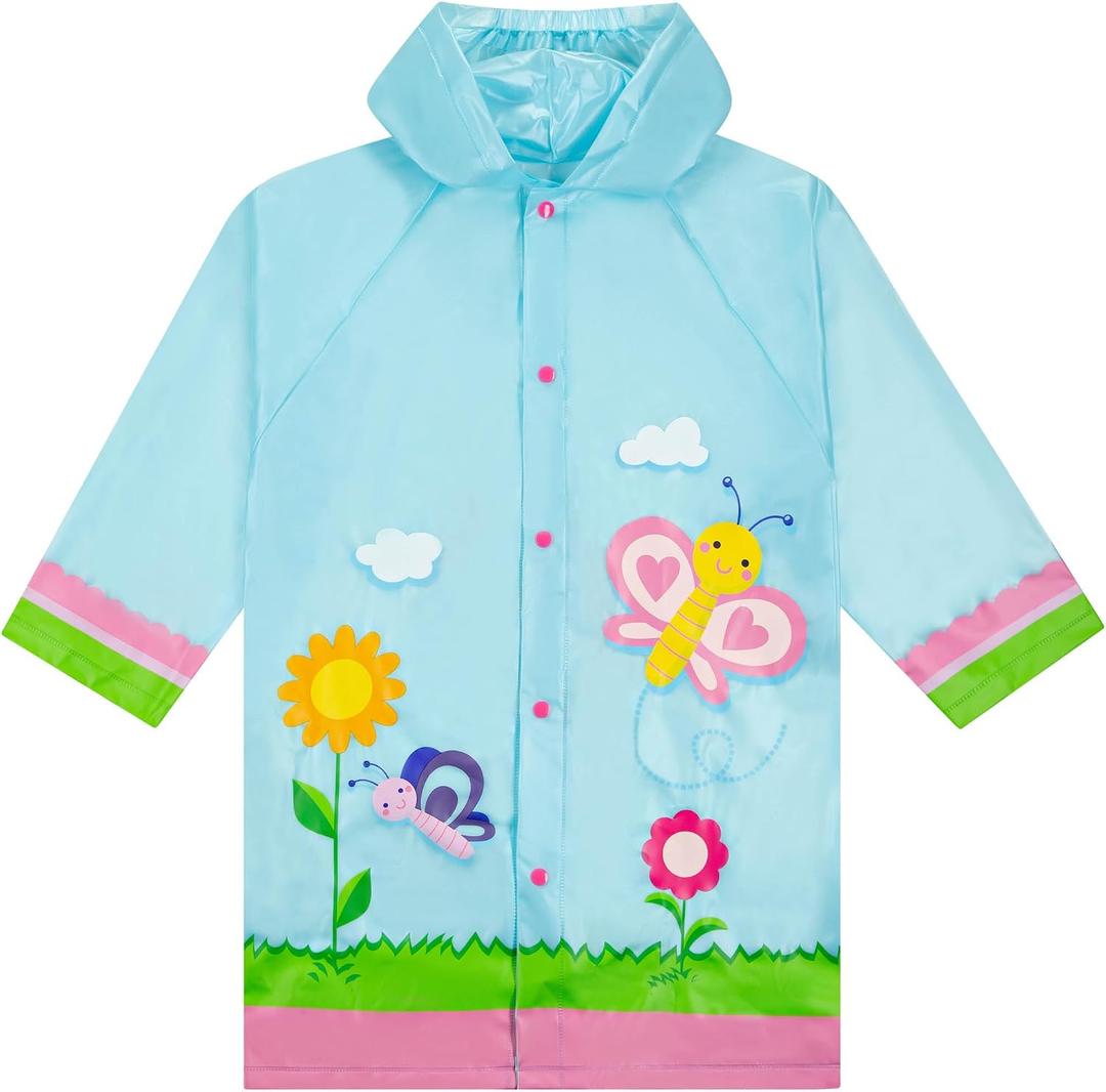 Puddle Play Kids Lightweight Rain Outwear Slicker, Hooded and Waterproof - Light Blue Garden and Butterfly Design Jacket - Size 4-5 Years