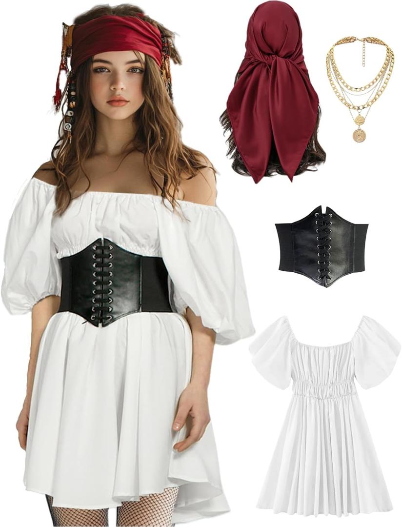 kasahara Womens Pirate Costume Outfit Sexy White Pirate Dress with Corset Necklace Bandana Headscarf Accessories 4pcs (Small)