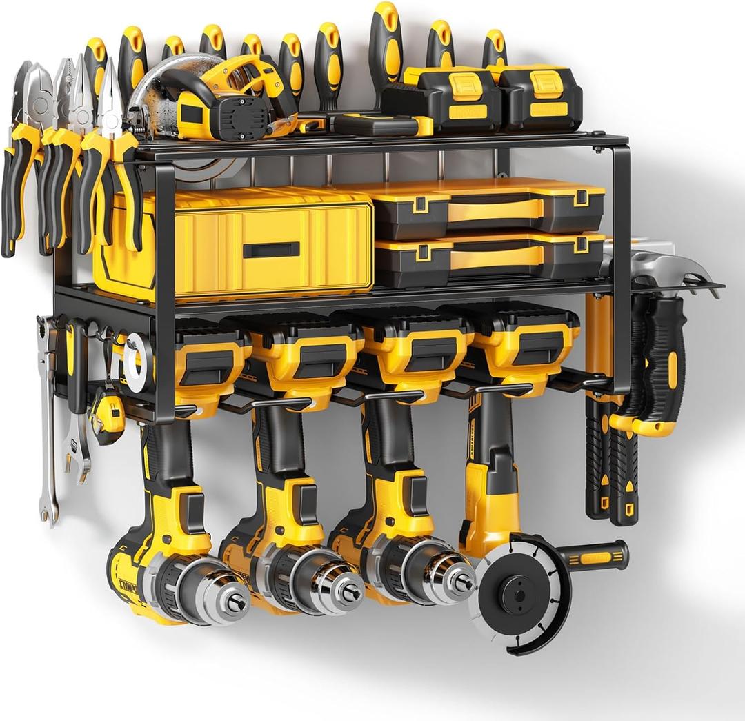 Power Tool Organizer Wall Mount  200Lbs Load 3 Layers Storage Rack with 4 Drill Holders for Drills Cordless Tools. Heavy Duty Iron Garage Tool Organizer Storage for Workshop Shed Pegboard Basement