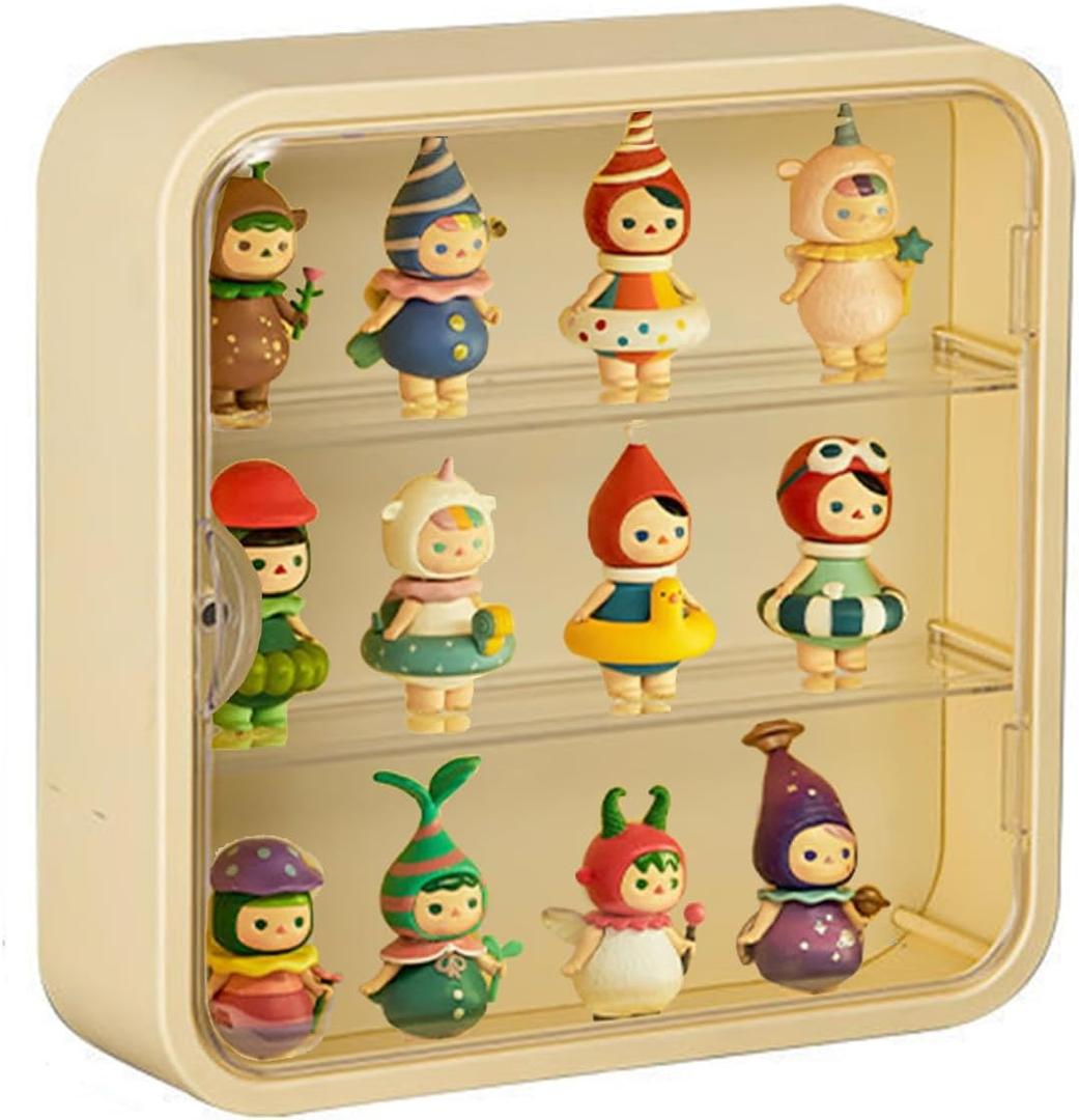 Clear Display Case for Figures, Wall-Mounted Doll Storage Box, Adjustable Display Stand with Door Dust and Moisture Proof Suitable for Lego Collectibles Action Figures Pop Mart (Yellow)