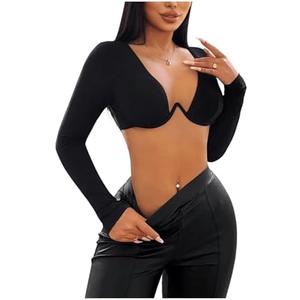 SweatyRocks Women's Deep V Neck Long Sleeve Underwire Crop Tops Super Crop Tee Shirt Size L